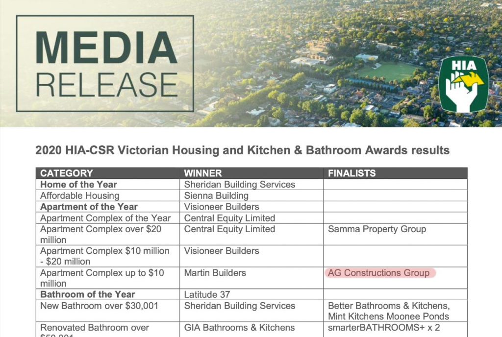 AG Construct announced as a finalist in the 2020 HIA Victorian awards